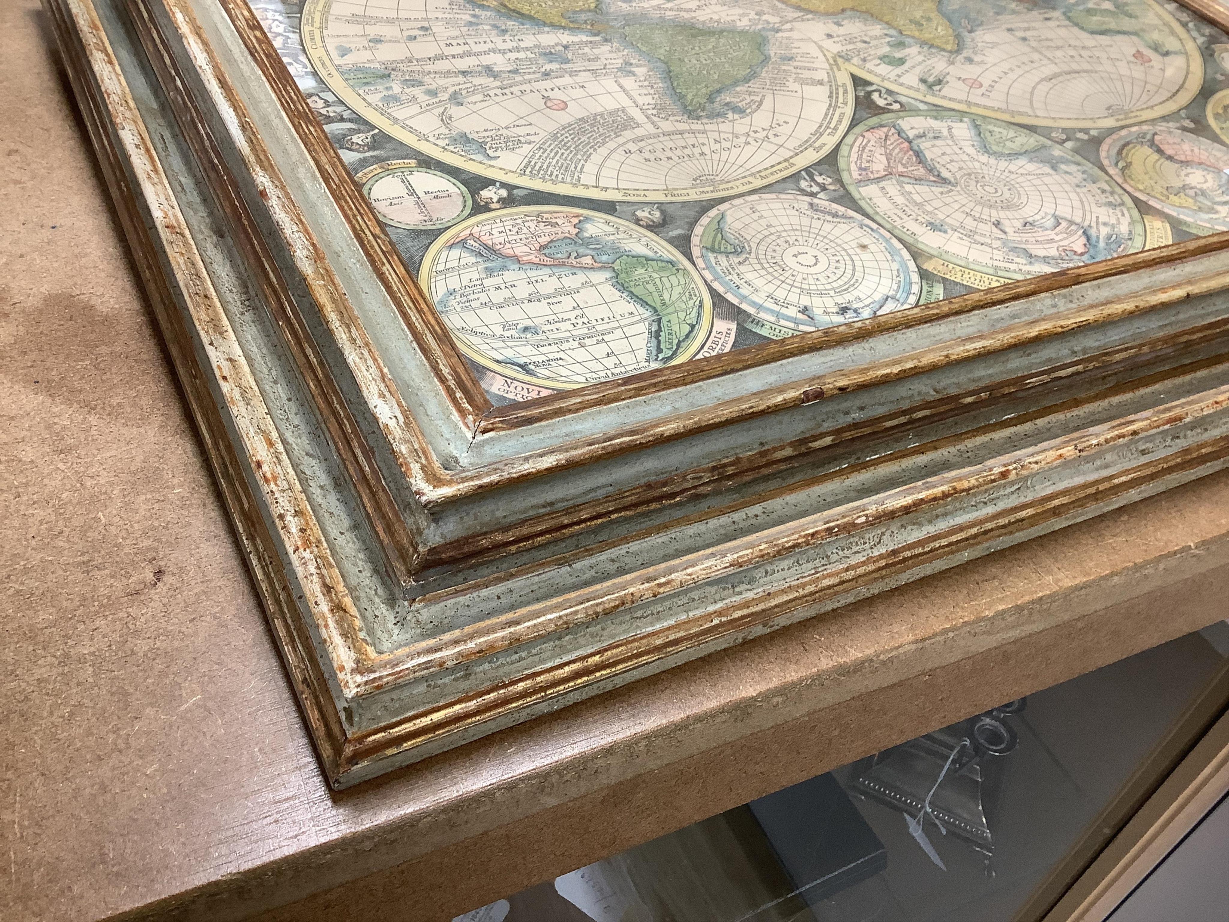 Two decorative maps comprising, after Matthew Seutter, double hemisphere world map and a similar example after G. Valk, 44 x 51cm. Condition - good